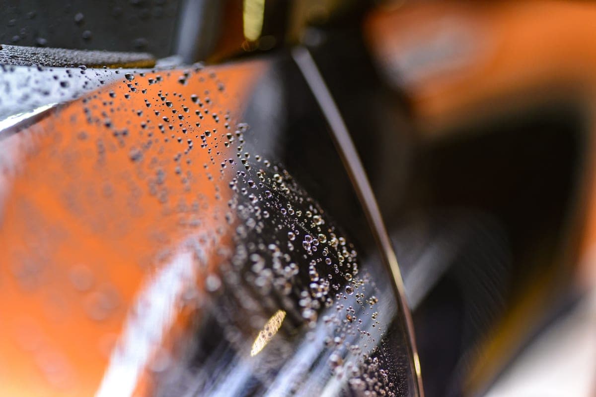 Water sheeting off a deep-gloss ceramic-coated car body panel